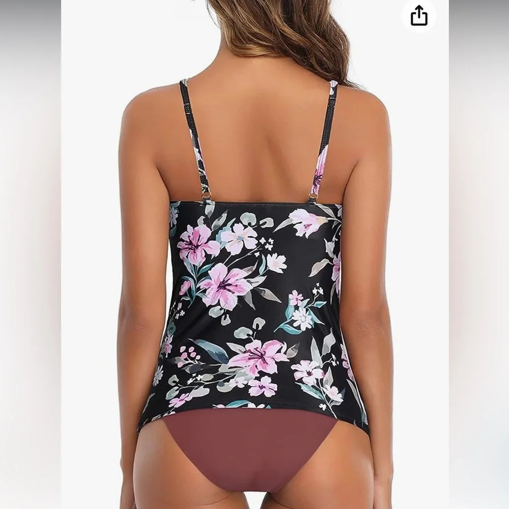 Tempt Me Two Piece Tankini  High Neck Ruched Tummy Control Top with Bottom - Picture 3 of 10